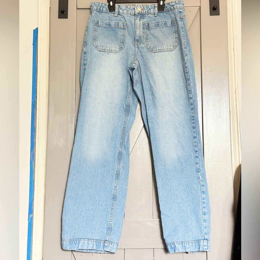 Zara Sky Blue Denim Pants patch Pocket Sz 8